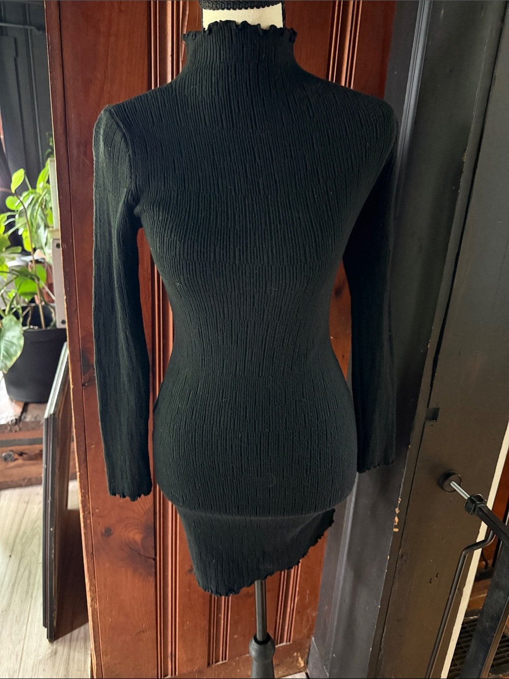 Ribbed Long Sleeve Mock Neck Dress in Black